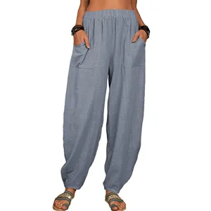 Vue detaillee de pantalon harem decontracte en lin et coton pour femme avec taille elastique.