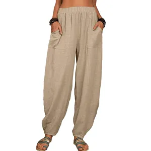 Vue détaillée du pantalon sarouel décontracté en coton lin avec taille élastique et poches.