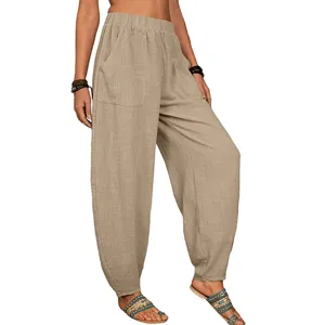 Femme decontractée lin coton pantalon harem taille haute ample sarouel avec poches kaki