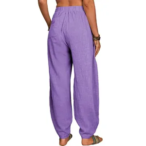Femme ample decontractee lin pantalon harem taille haute violet confortable plage ete