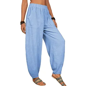 Pantalon sarouel decontracte en coton et lin pour femme, taille haute confortable avec poches.