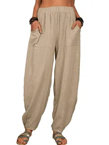 Pantalon Harem Décontracté en Coton et Lin pour Femmes Ample Taille Haute Couleur Unie avec Poches pour la Maison
