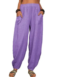 Femme décontracté violet ample coton lin pantalon harem taille haute avec grand poches