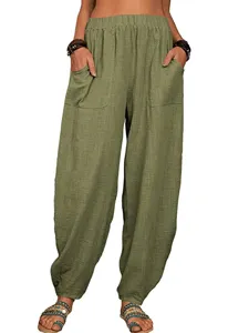 Pantalon harem ample en coton et lin pour femme taille haute decontracte vert armee main