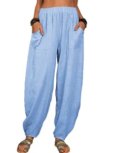 Femme amicale decontractée lin coton pantalon harem uni confortable pantalon détente