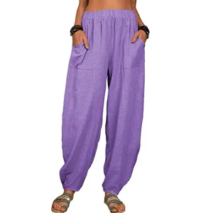 Pantalon harem décontracté en coton et lin ample pour femme avec poches, taille haute.