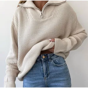 Women Quarter Zip Knit Sweater Loose Casual Solid Color Ribbed Pullover Long Sleeve Fall Winter Fashion Knitwear Top