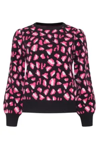 Leopard print knit sweater with crew neck and puff long sleeves for women autumn winter jumper