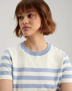 Close-up detail of the striped knit short-sleeve sweater, showing the classic round neck.