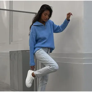 Detail view of casual blue half-zip knit sweater with cozy ribbed texture and modern fit.
