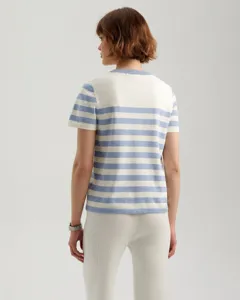 Back view detail of women blue white striped round neck short sleeve knit sweater top.