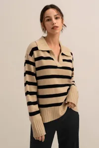 Casual knit polo sweater featuring chic beige and black stripes and comfortable loose fit.