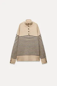 Women's mock neck striped knit sweater with buttons, cozy pullover for autumn winter.
