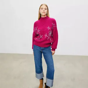 Women high neck floral embroidered knit sweater casual winter long sleeve pullover top