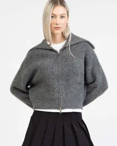 Detailed view of grey ribbed knit zip cardigan collar texture and cozy fabric fit style.