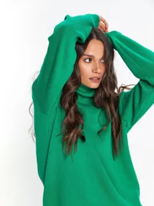 Women loose turtleneck sweater autumn winter green knit pullover casual stylish apparel