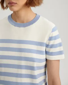 Women short sleeve crewneck striped knit sweater detail view, casual summer top apparel.