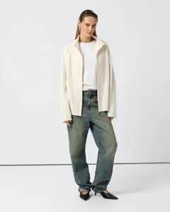Ribbed knit full-zip cardigan featuring a mock neck and relaxed fit for daily autumn styling.
