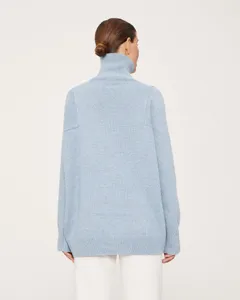 Light blue oversized turtleneck sweater, cozy winter knitwear detailed back view.
