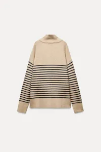 Women's turtleneck striped knit sweater, classic autumn winter long sleeve pullover top.