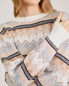 Knitwear detail shot showing geometric jacquard pattern, crew neck and soft textured fabric.