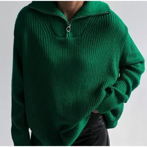 Green half-zip knit sweater for women, casual loose long sleeve pullover jumper autumn.
