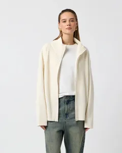 Ribbed mock neck zip-up cardigan sweater in off-white, featuring long sleeves and casual fit.