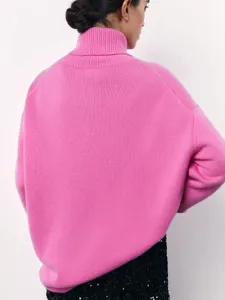 Bright pink turtleneck loose knit sweater for women, comfortable autumn winter casual daily wear.