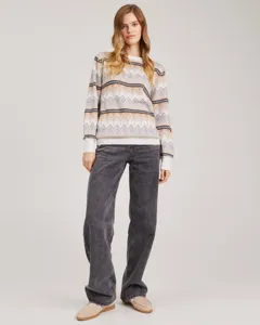 Detailed view of the women's geometric pattern crewneck knit sweater in autumn and winter.
