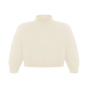 Cream mock neck knit sweater detail, soft ribbed collar and cuffs, cozy autumn style texture.