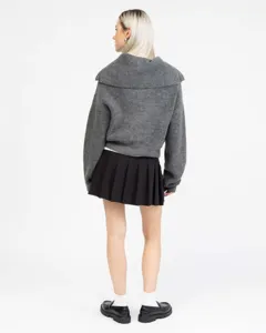 Grey lapel knitted cardigan sweater for women, autumn winter casual long sleeve coat detail.