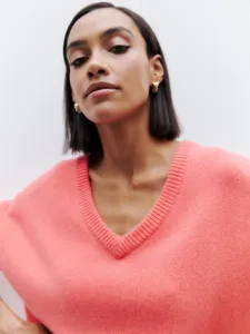 Women pink V-neck knit sweater casual long sleeve pullover cozy stylish autumn daily wear top