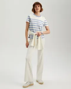 Women short sleeve striped knit sweater matching flared trousers casual chic daily outfit fresh style