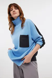 Women color-block turtleneck knit sweater loose fit casual winter top light blue