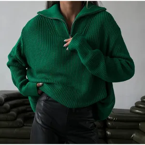 Green half-zip oversized knit sweater for women, casual long sleeve pullover jumper.