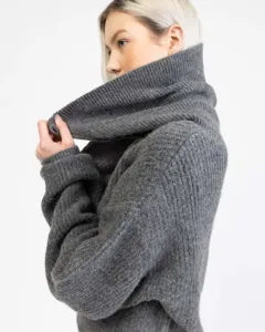 Detailed view of women grey chunky knit turtleneck sweater, autumn winter warm knitted pullover.