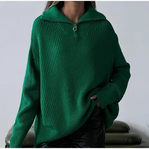 Green half-zip knit sweater for women, casual loose pullover sweater for autumn and winter.