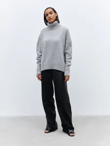 Women grey turtleneck sweater casual loose knit pullover long sleeve autumn winter warm top