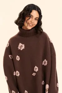 Women brown turtleneck sweater with pink floral jacquard pattern, cozy loose knit pullover.