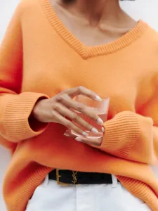 Cozy orange V-neck long sleeve knit sweater, loose casual pullover for women autumn winter fashion