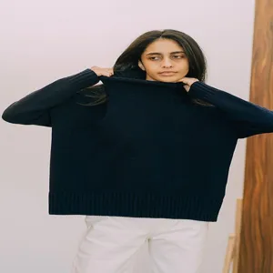 Womens dark blue turtleneck sweater knit pullover detail view cozy autumn winter clothing