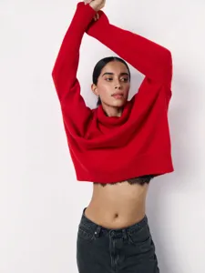Red high neck crop sweater for women loose knit pullover autumn winter fashion chic apparel