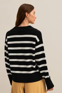 Women black white striped knit polo sweater casual loose autumn winter long sleeve top