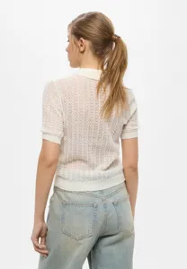 Detailed back view of women short sleeve knit polo sweater in off-white hollow design.