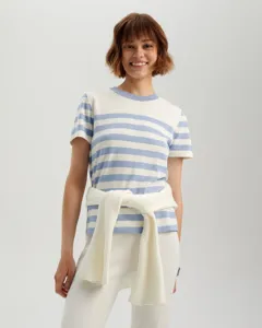 Close-up detail of women's short-sleeve striped knit sweater in soft knit fabric.