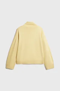 Light yellow loose turtleneck short knit sweater, comfortable autumn winter women fashion.