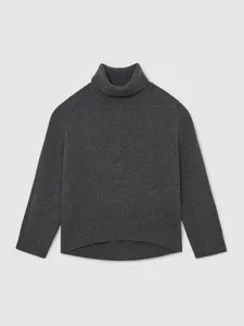 Women's dark grey turtleneck sweater, cozy long sleeve loose knit pullover for autumn winter.