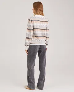 Back view of women's long-sleeve knit sweater featuring geometric jacquard pattern and crew neck.
