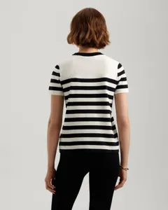 Back detail view of a black and white striped short sleeve knit sweater, classic crewneck.