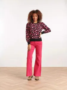 Women's leopard jacquard crew neck long sleeve knit sweater casual autumn top main view